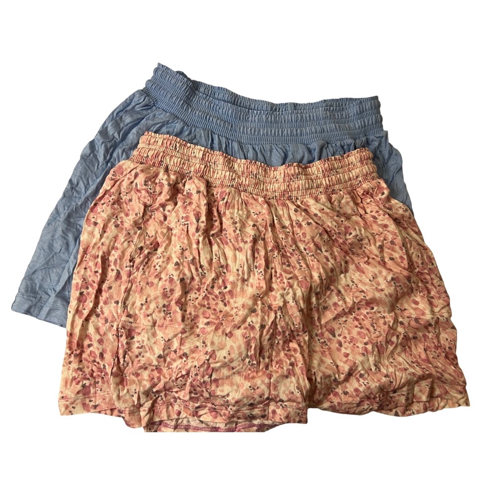 J+B Womens Lounge Shorts Set of 2 Blue Pink Floral Smocked Waist Size M